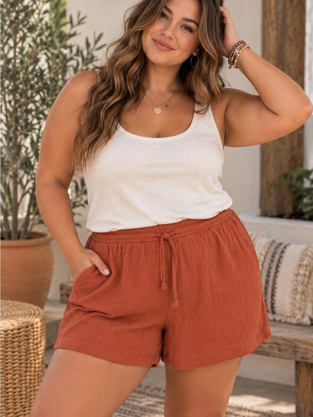 Madewell XXL Rust Terracotta Textured Pull-On Drawstring Shorts
